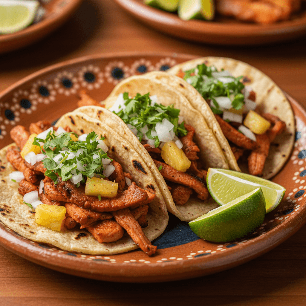 Authentic tacos al pastor with fresh toppings
