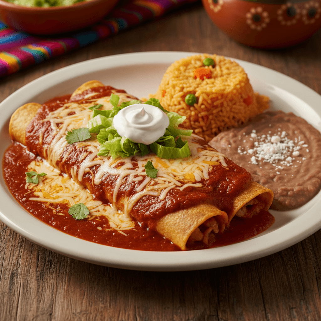 Traditional Mexican enchiladas with rice and beans