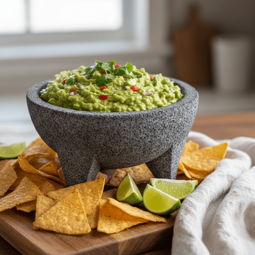 Fresh guacamole in traditional molcajete with chips
