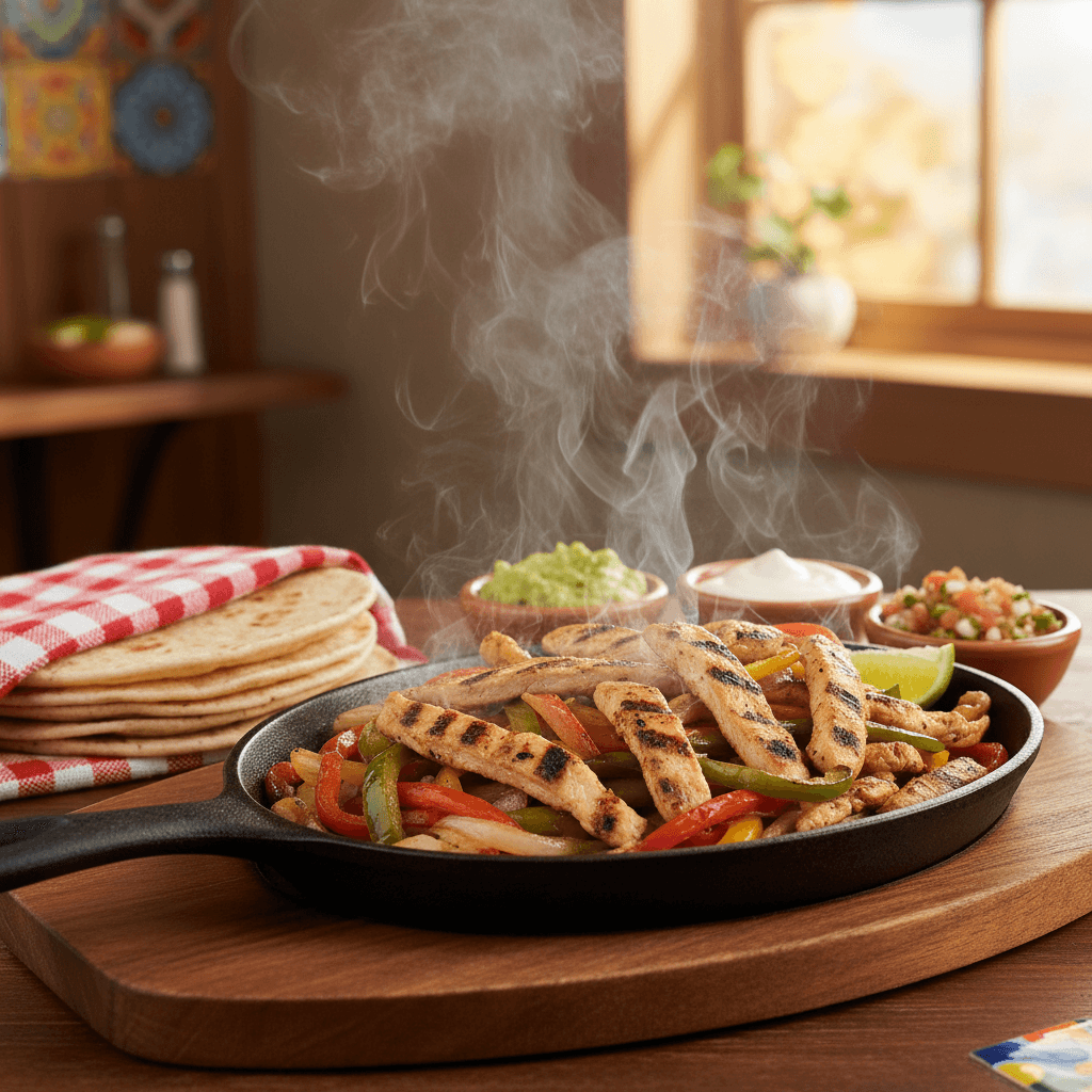 Sizzling chicken fajitas with peppers and onions
