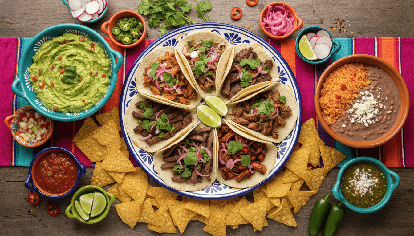 Complete Mexican meal spread with various dishes