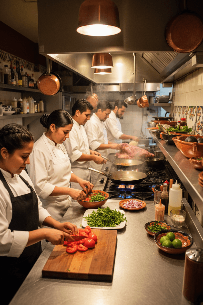 Kitchen team preparing fresh ingredients